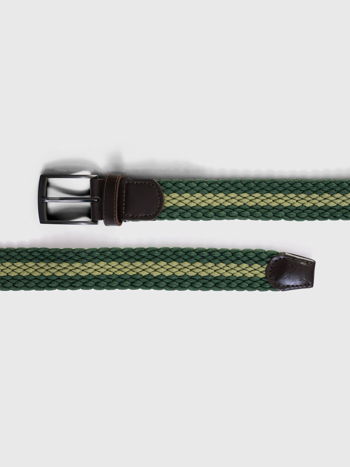 Green Stripe Woven Elastic Belt Leather Ends