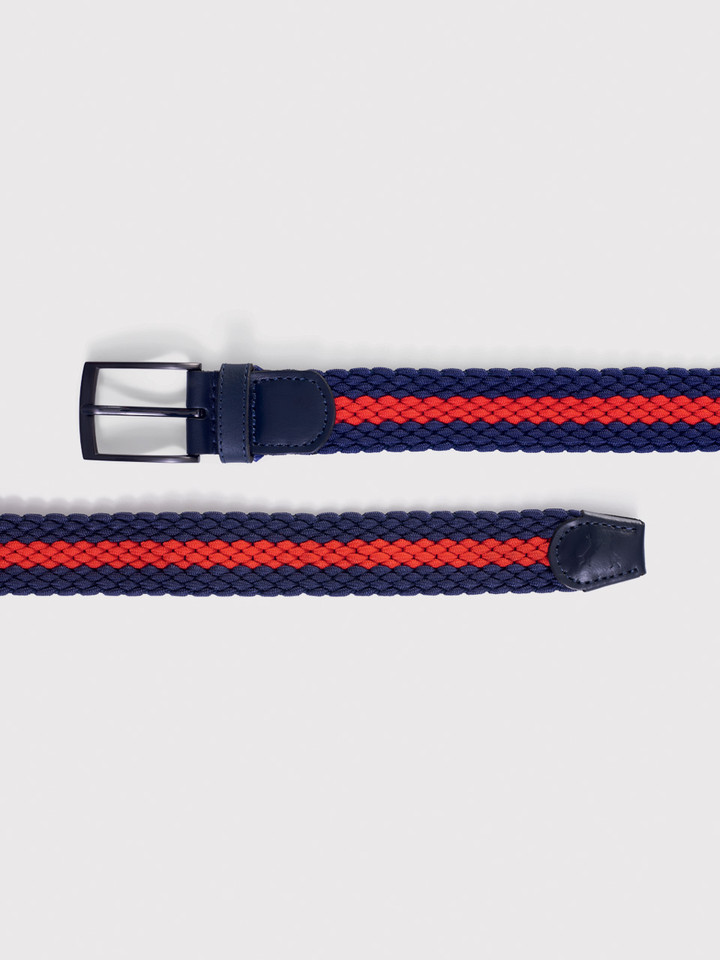 Men's Navy Blue and Red Stripe Woven Elastic Belt Leather Ends