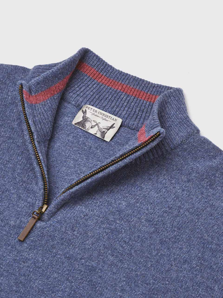 Blue Lambswool Zip Jumper Contast Neckline