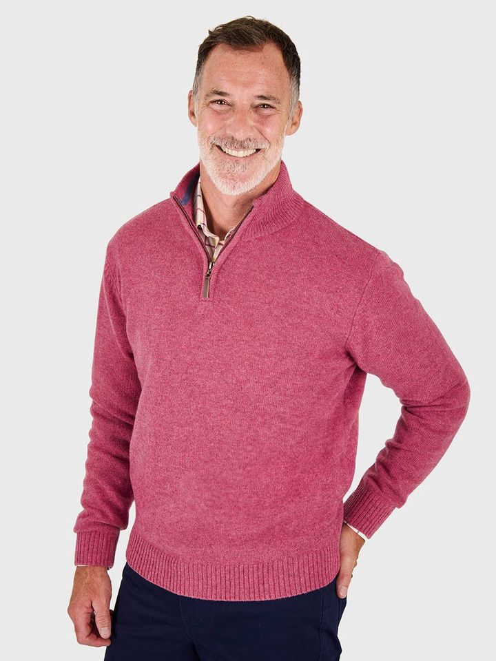 Men's Pink Lambswool Zip Jumper On Model