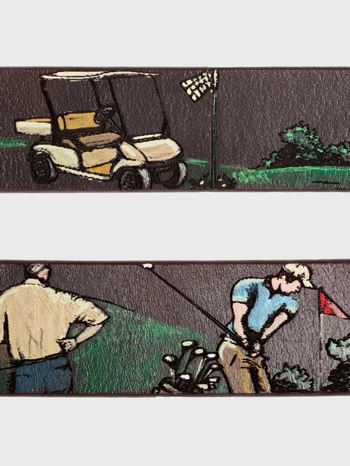 Golf Hand Painted and Stitched Leather Belt Close Up