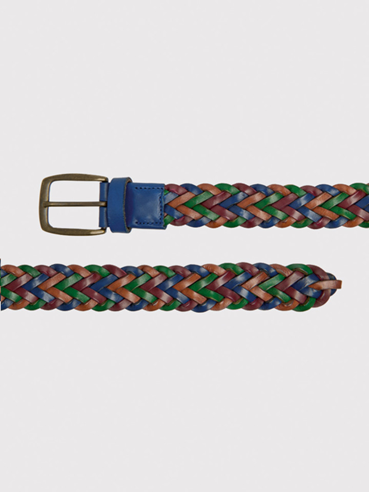 Braided Belt in Green, Tan & Blue Buckles