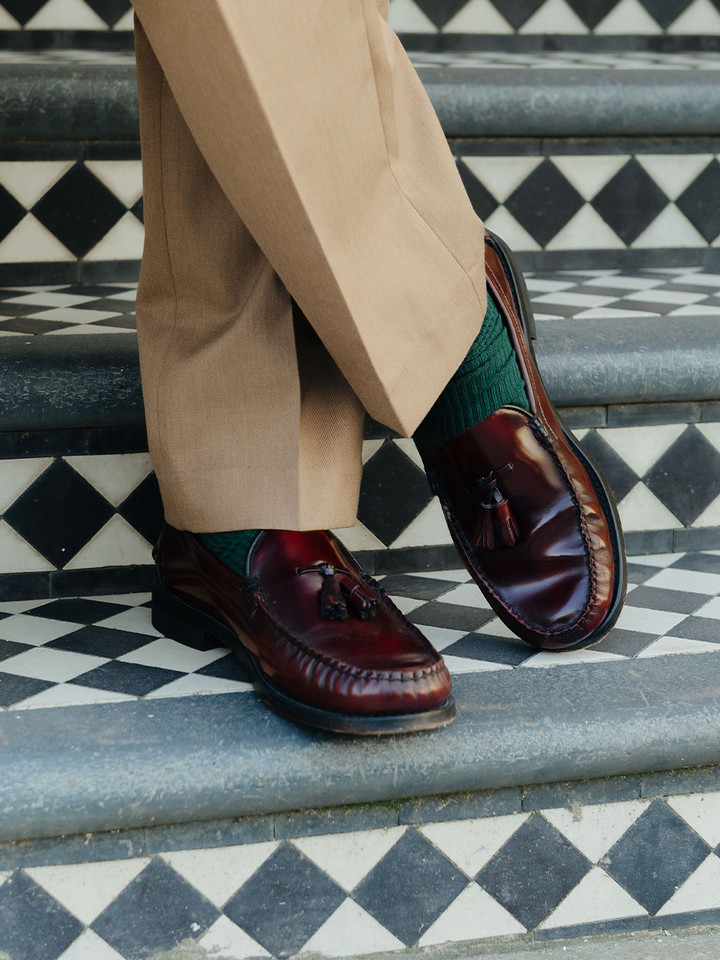Lord Trousers wears Oxblood Tasselled Loafers