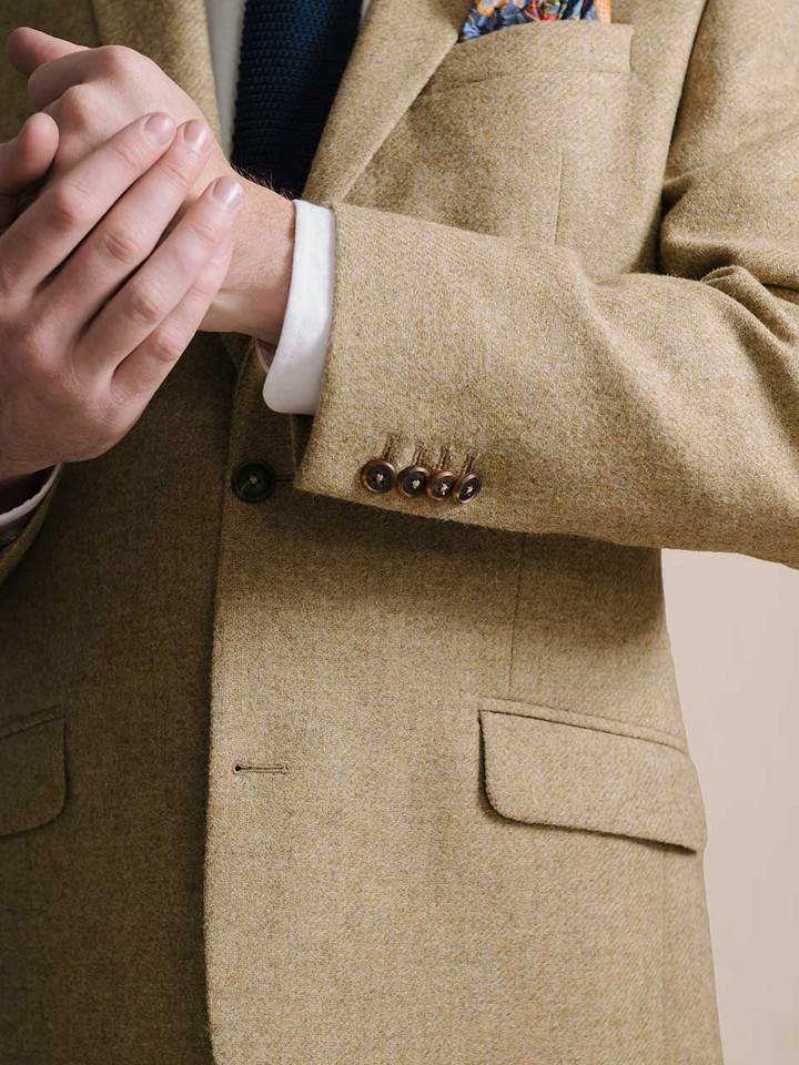 Barley Lightweight Tweed Jacket On Model Cuff Close Up