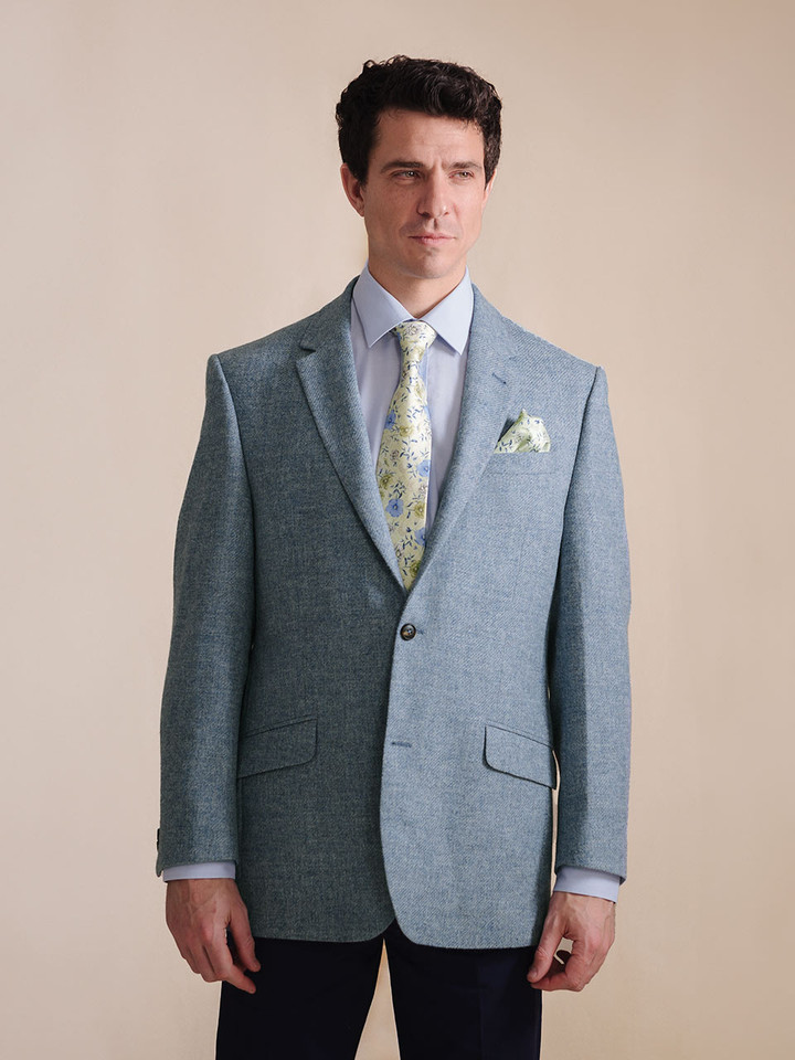 Men's Mist Blue Lightweight Tweed Jacket On Model