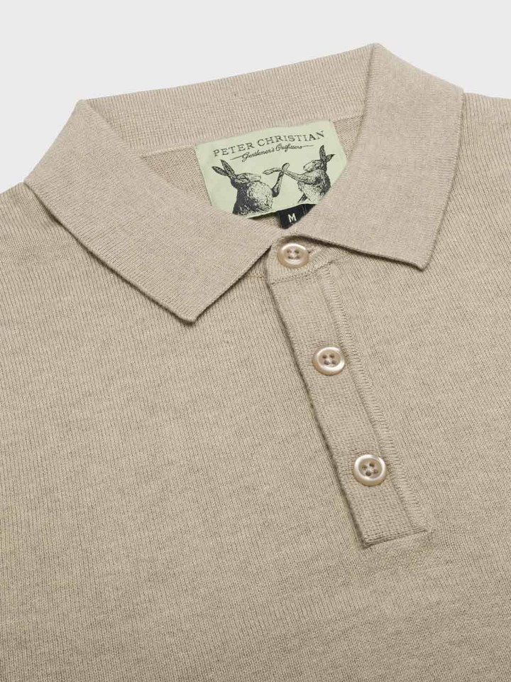 Men's Taupe Beige Fine Knit Cotton Polo Shirt  Collar