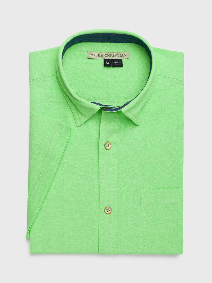 Men's Green Short Sleeve Linen and Cotton Shirt Flat