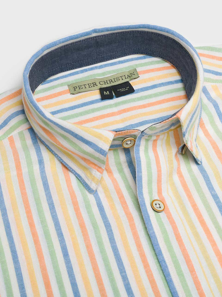 Men's Striped Short Sleeve Linen and Cotton Shirt Collar close-up