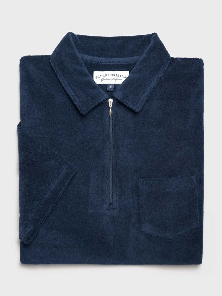 Men's Navy Zip Neck Cotton Towelling Polo Shirt Flat