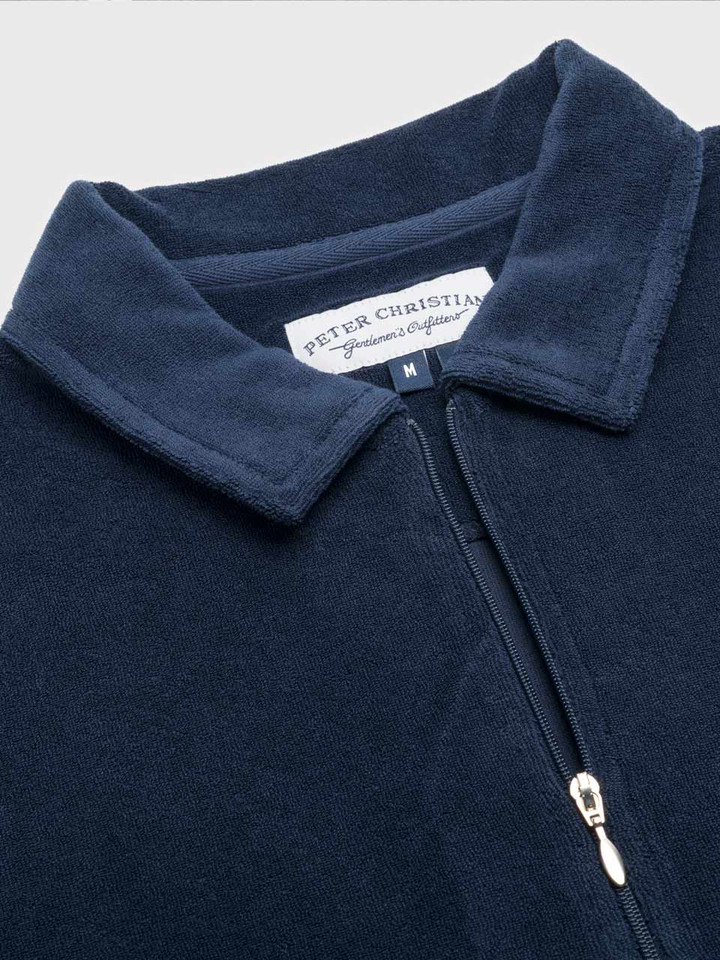 Men's Navy Zip Neck Cotton Towelling Polo Shirt Collar