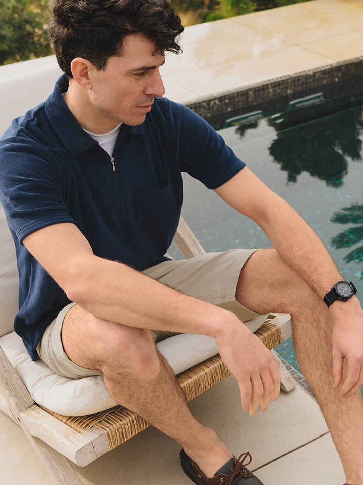 Men's Navy Zip Neck Cotton Towelling Polo Shirt On Model