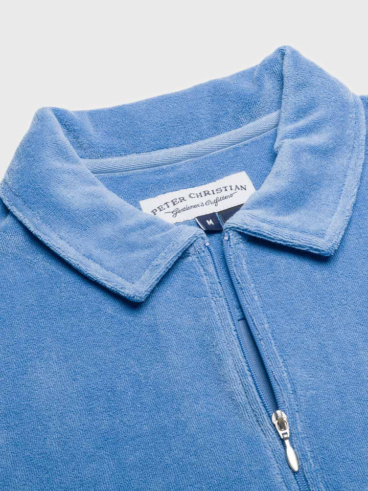 Men's Blue Zip Neck Cotton Towelling Polo Shirt Collar