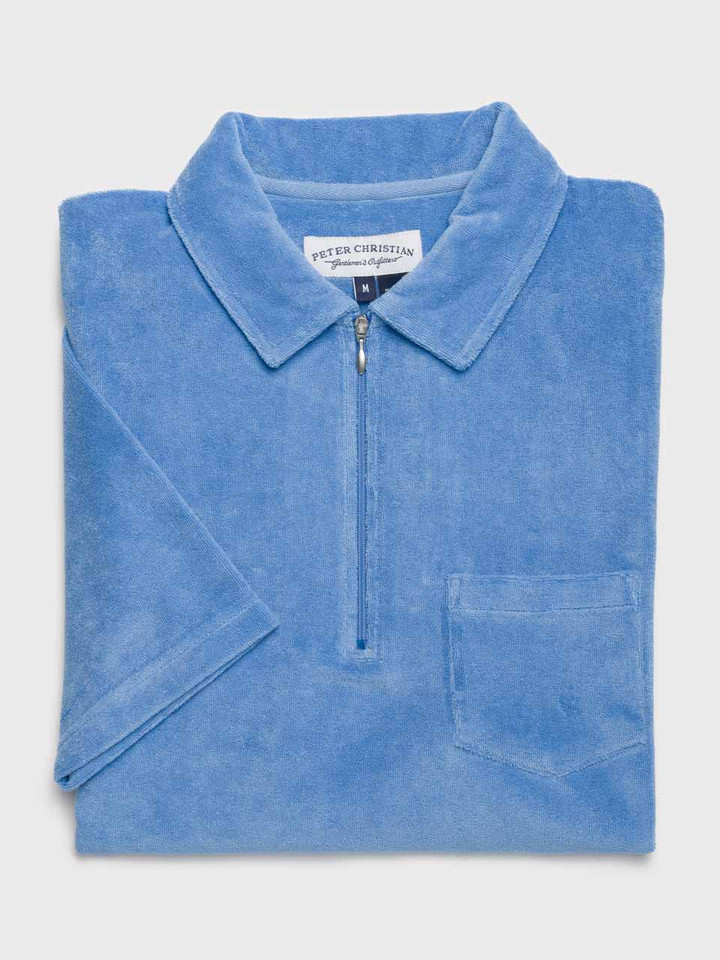 Men's Blue Zip Neck Cotton Towelling Polo Shirt Flat