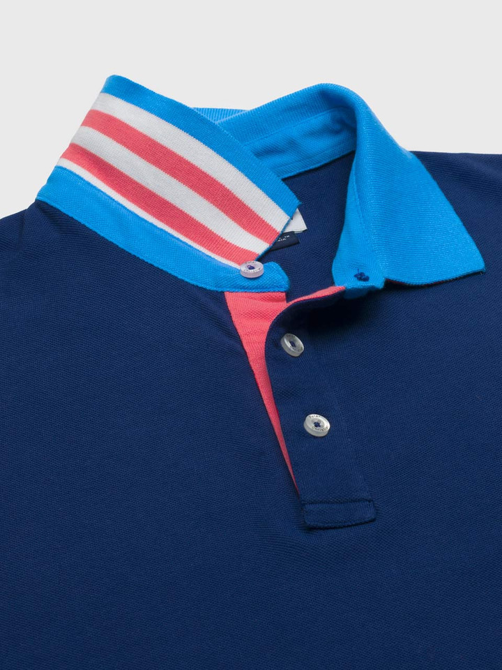 Men's Blue Contrast Trim Cotton Polo Shirt Collar Detail