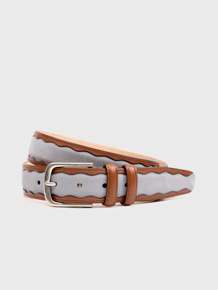 Tan and Sky Blue Nubuck Leather Belt Curled