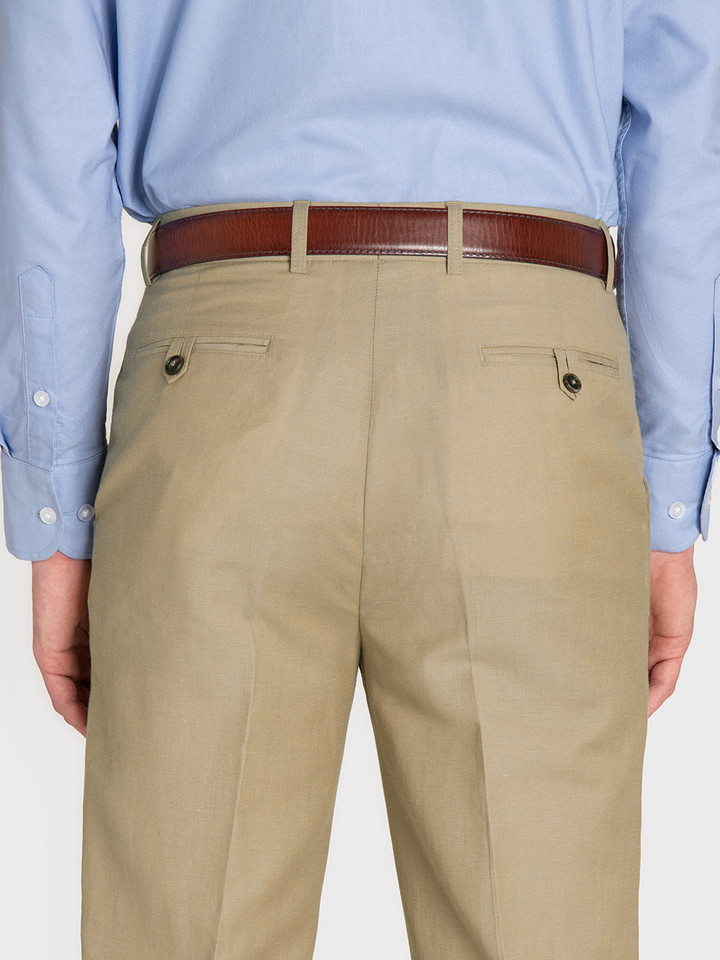 Mens Sand Linen & Wool Trousers On Model Closeup