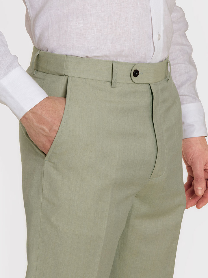 Mens Sage Linen and Wool Trousers On Model Closeup