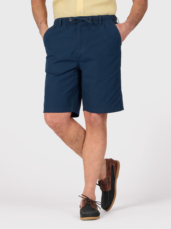 Mens Navy Drawstring Cotton Ripstop Shorts On Model