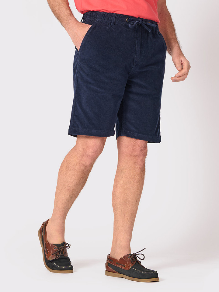 Mens Navy Blue Corduroy Drawstring Shorts On Model