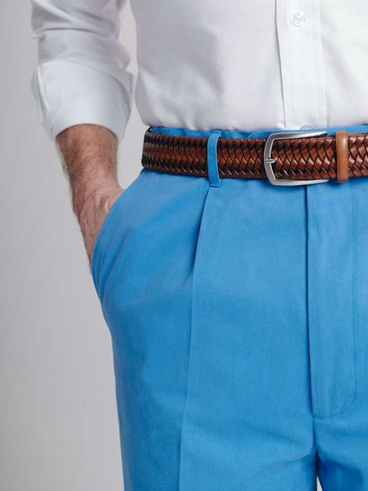 Men's Blue Pleated Chinos & Braided Leather Belt