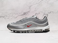Nike Air Max 97 Silver Bullet side profile featuring metallic silver leather, red Swoosh branding, and reflective detailing, inspired by Japanese bullet trains Nike Air Max 97 Silver Bullet side profile featuring metallic silver leather, red Swoosh branding, and reflective detailing, inspired by Japanese bullet trains