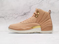 Side view of limited Air Jordan 12 Retro 'Vachetta Tan' with plush suede and gold accents