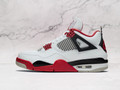 Air Jordan 4 Retro Fire Red sneaker with white, black, and red colorway showing premium leather details