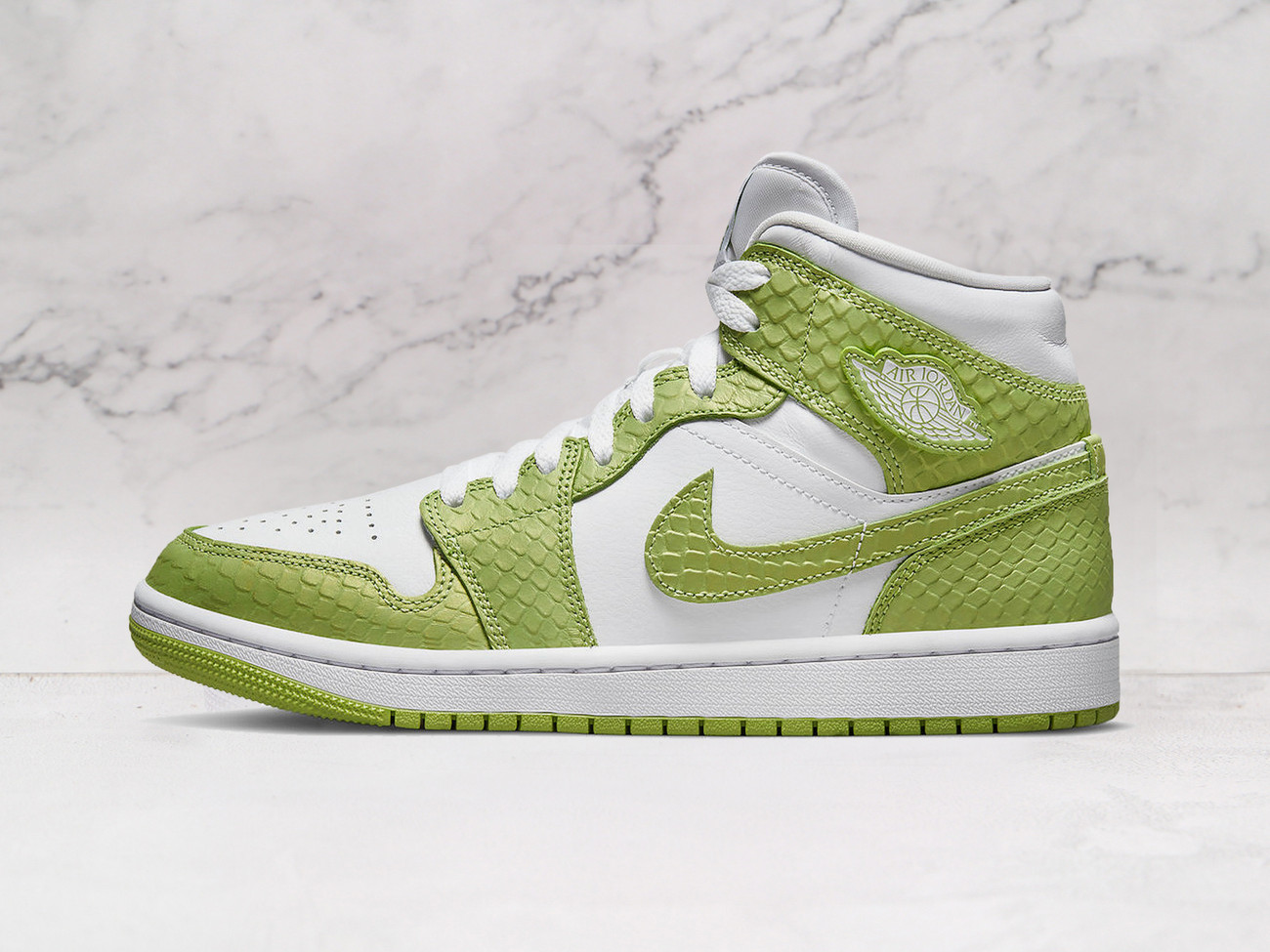 Air Jordan 1 Mid Green Python – White and Vivid Green Sneaker with Faux-Python Skin Overlays