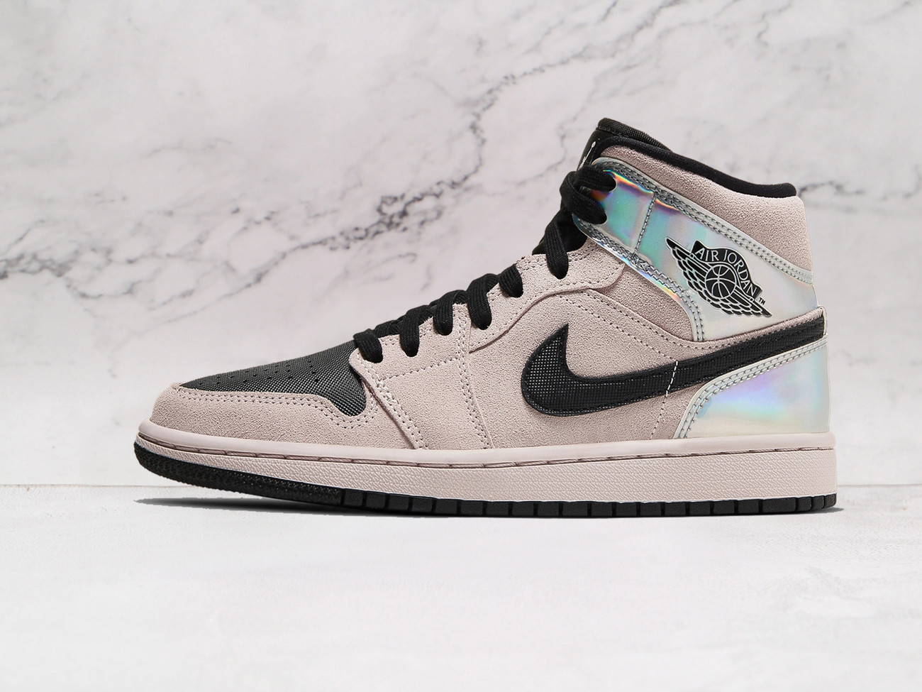 Air Jordan 1 Mid 'Dirty Powder Iridescent' – Light Pink Durabuck Upper with Iridescent Ankle Overlays and Black Accents