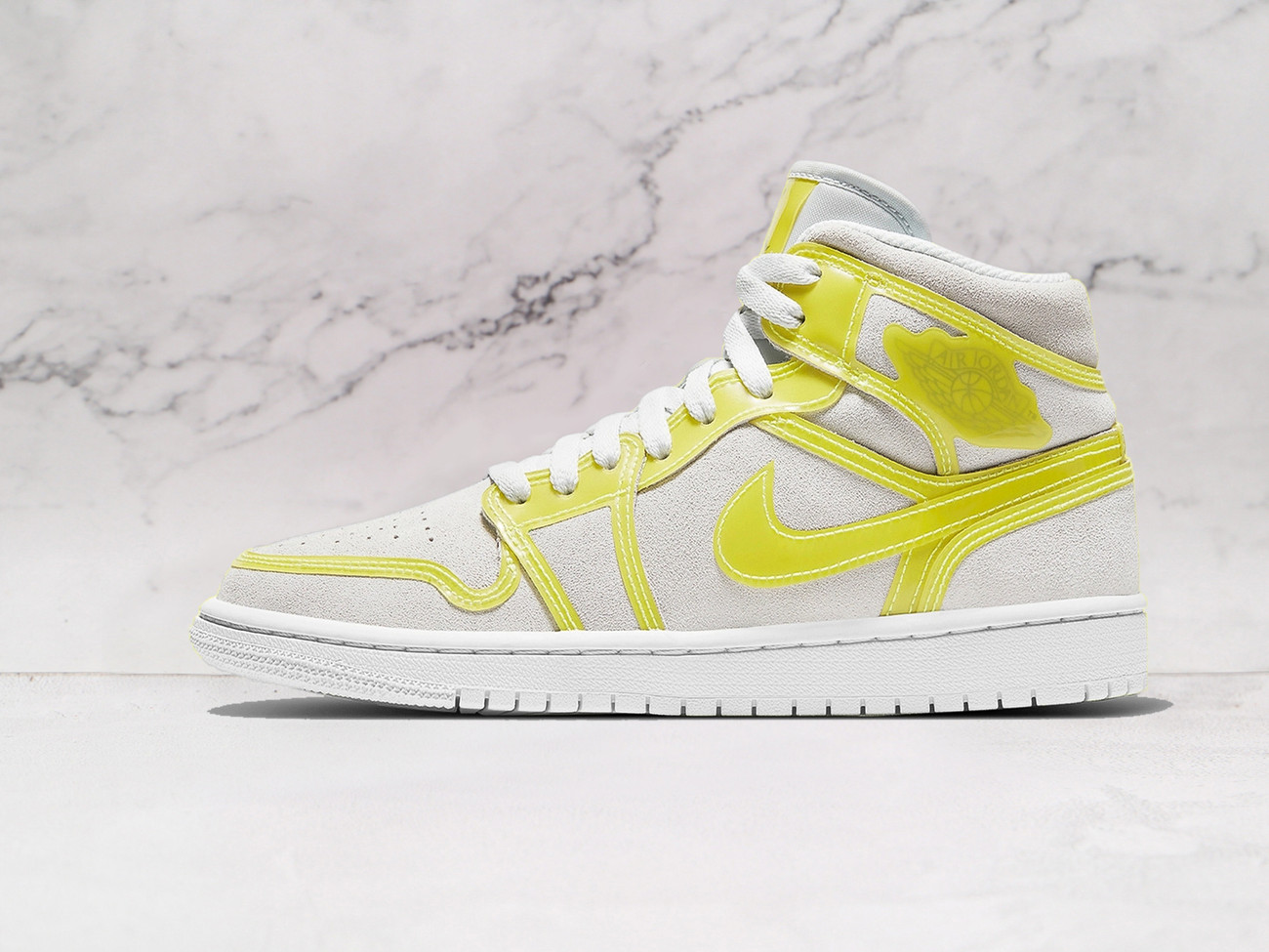 Air Jordan 1 Mid LX 'Opti Yellow' – Light Grey Suede Upper with Semi-Translucent Yellow TPU Overlays