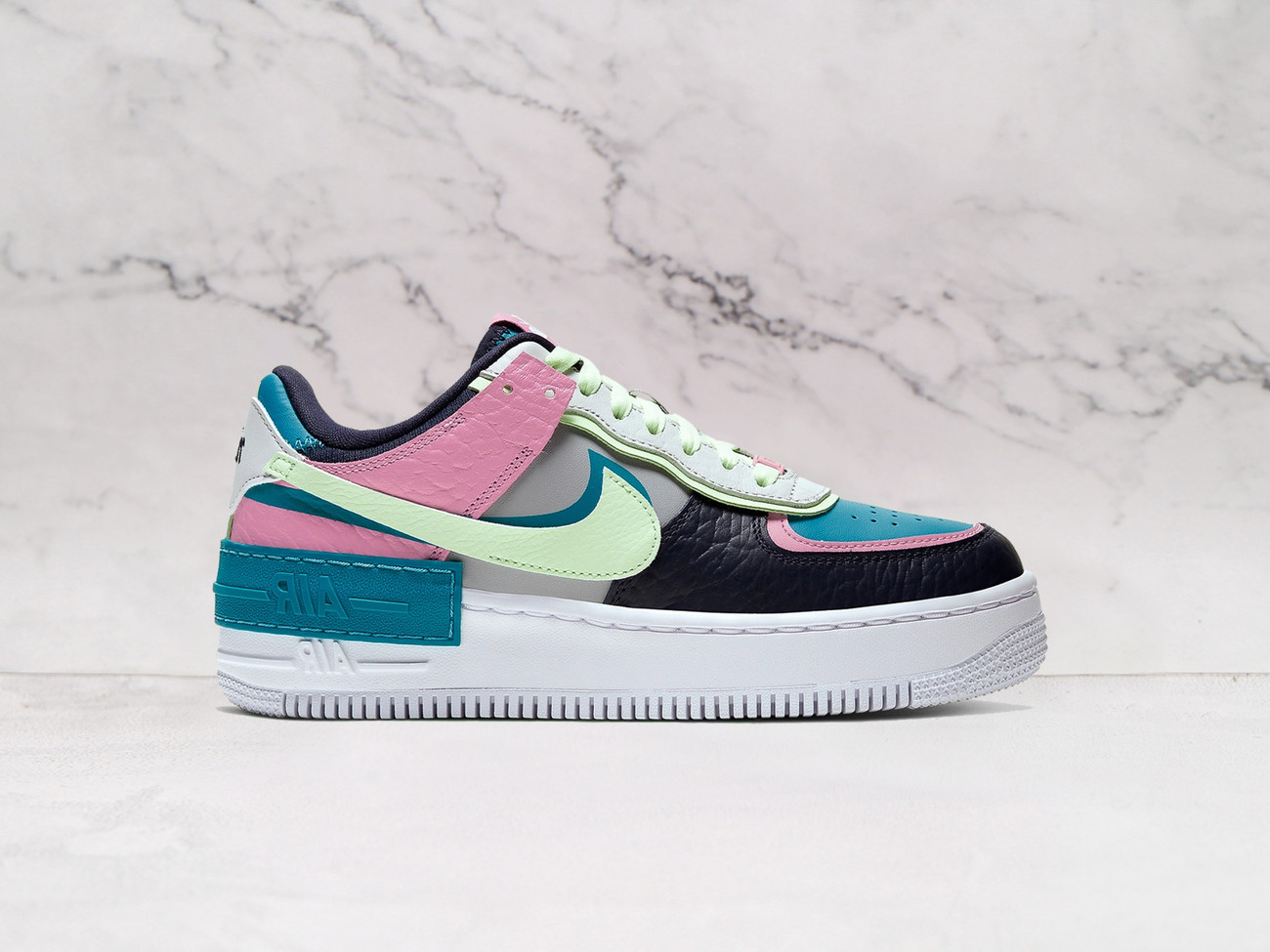 Nike Air Force 1 Shadow 'Barely Volt Oracle Aqua' – Light Smoke Grey Leather Upper with Barely Volt, Oracle Aqua, and Pink Accents