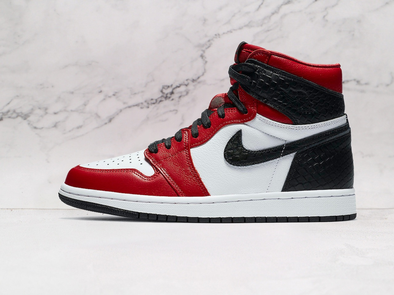 Jordan 1 Retro High Satin Snake Chicago – White and Red Leather Upper with Black Faux Snakeskin Overlays