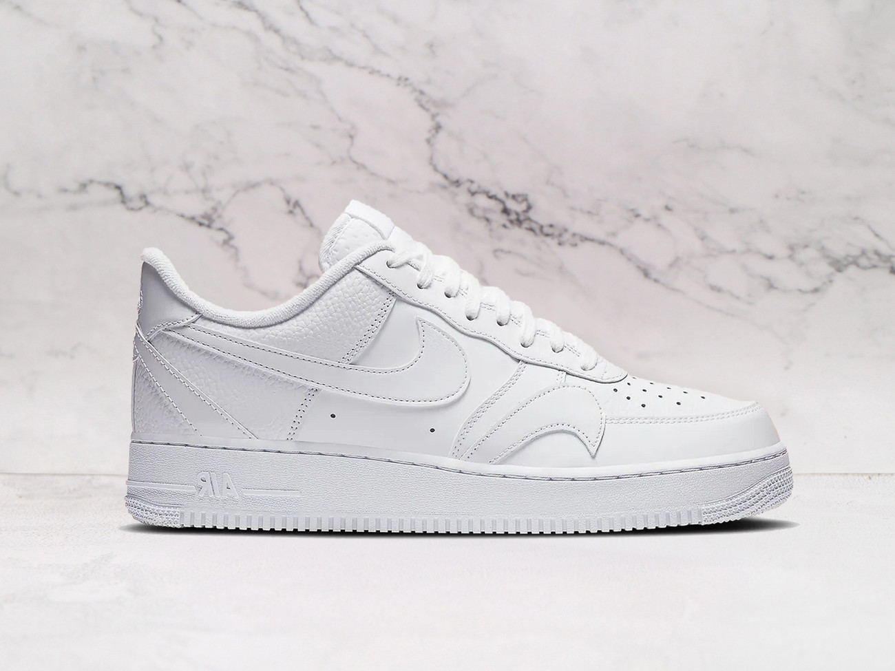 Nike Air Force 1 '07 LV8 'Misplaced Swoosh' – Triple White Leather Upper with Multiple Swoosh Logos
