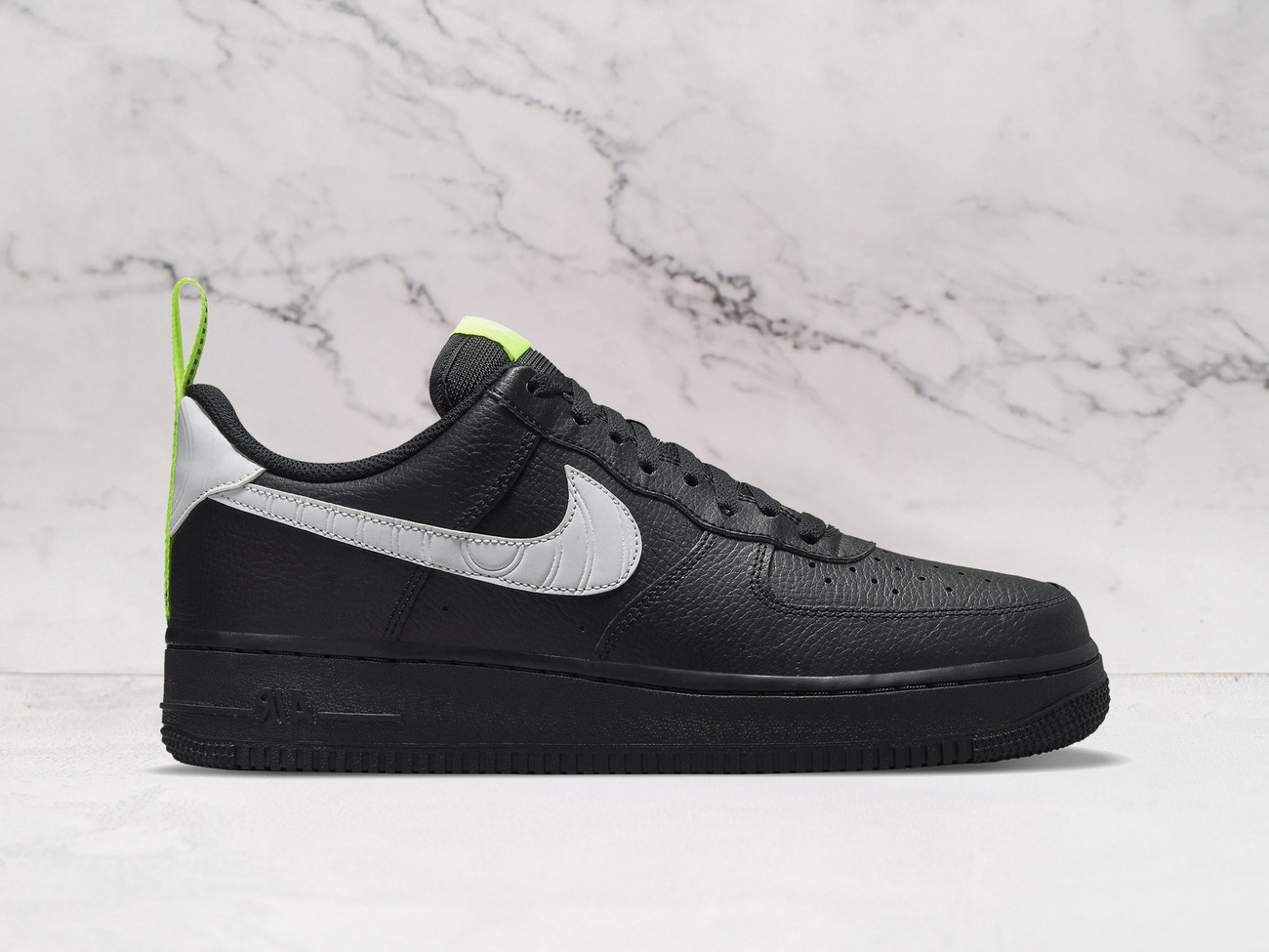 Nike Air Force 1 Low 'Pivot Point - Black' – Black Leather Upper with Reflective Silver Swooshes and Volt Accents