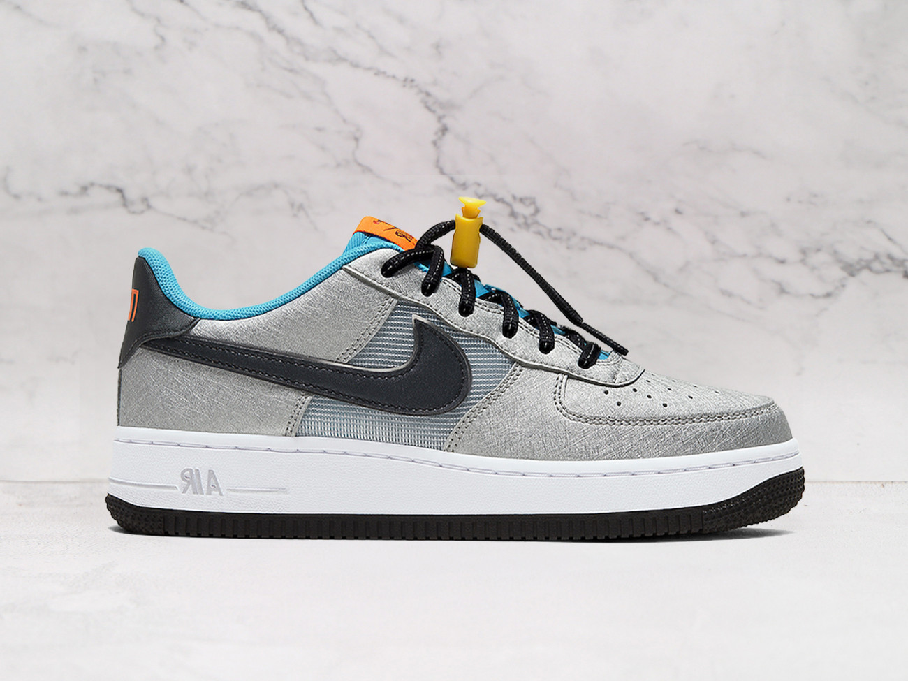 Nike Air Force 1 'Sky Nike' – Metallic Silver Leather Upper with Black Leather Overlays and Black Swoosh