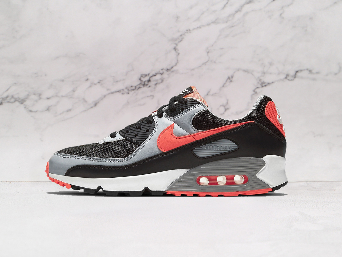 Nike Air Max 90 Black Radiant Red Wolf Grey – Black Leather and Mesh Upper with Radiant Red Accents
