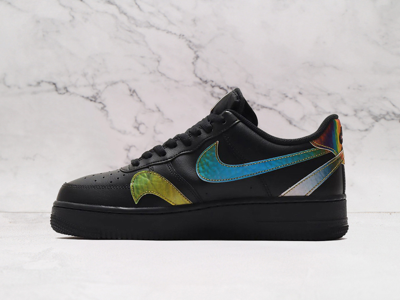 Nike Air Force 1 LV8 'Misplaced Swooshes' Black – Black Leather with Multiple Iridescent Swooshes