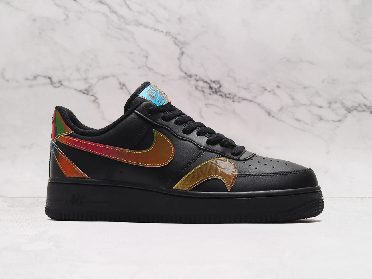Nike Air Force 1 LV8 'Misplaced Swooshes' Black – Black Leather Upper with Multiple Iridescent Swooshes