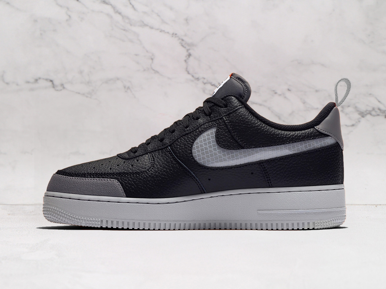 Nike Air Force 1 Low 'Under Construction' – Black Leather with Semi-Translucent Swoosh and Reflective Accents
