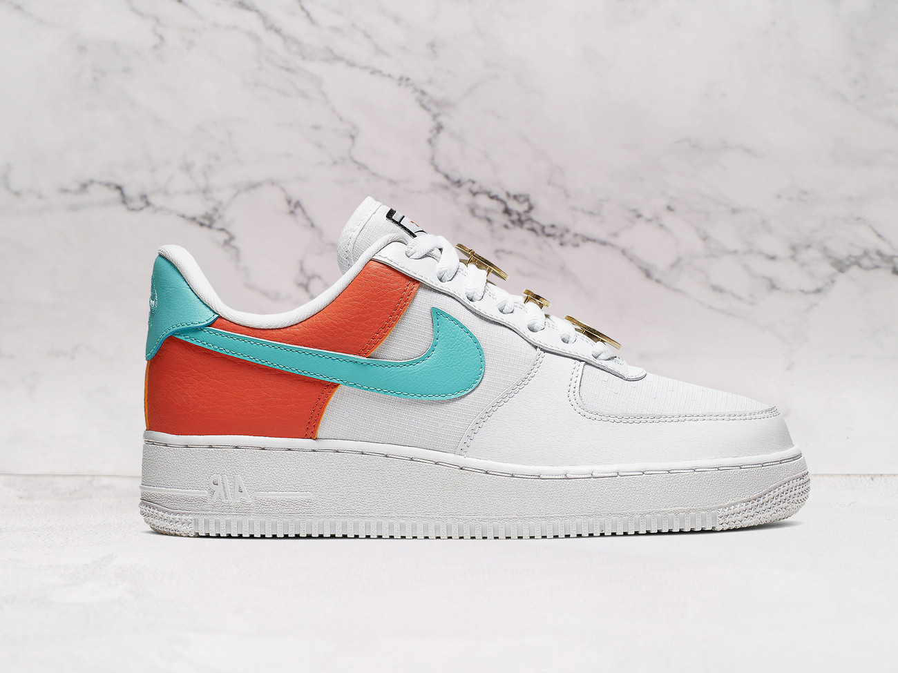 Nike Air Force 1 '07 SE 'Basketball Pins' – White Leather Upper with Light Aqua Swoosh and Cosmic Clay Overlays