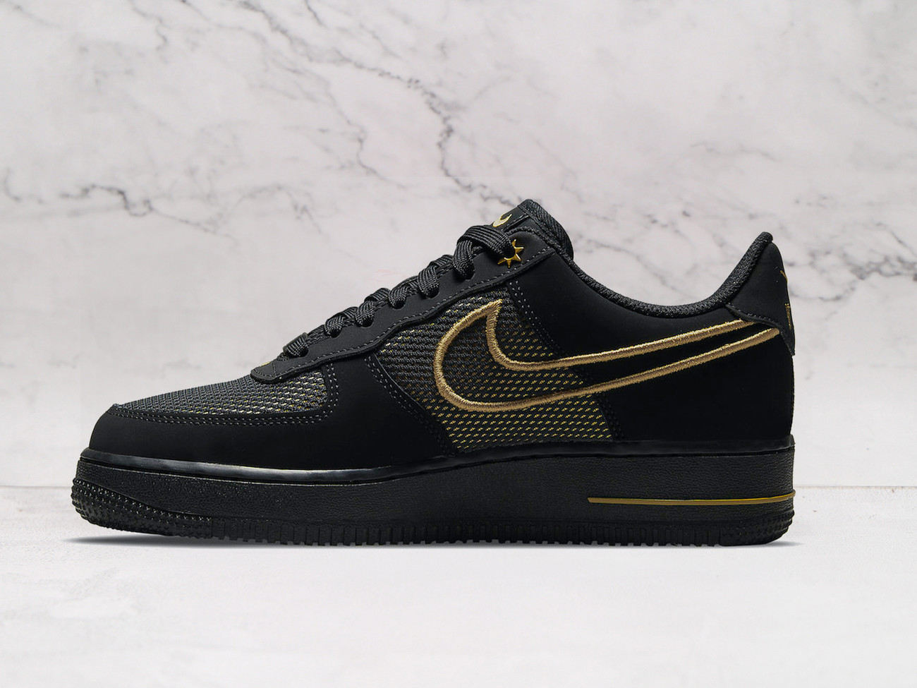 Nike Air Force 1 LX 'Legendary' – Black Suede Upper with Metallic Gold Swoosh and Branding Accents