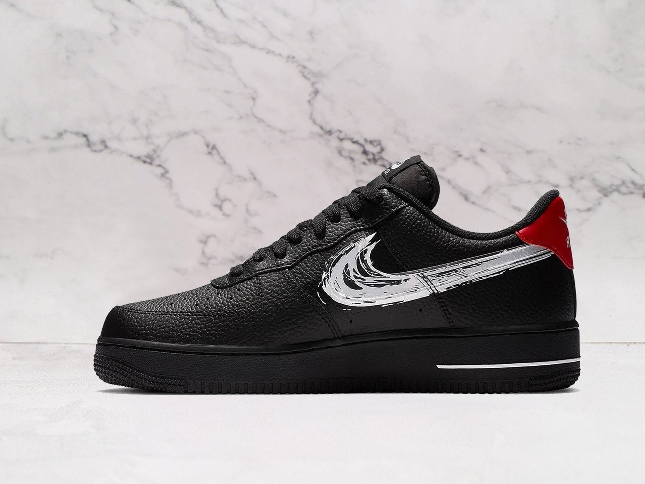 Nike Air Force 1 Low 'Brushstroke Black' – Black Leather with White Brushstroke-Style Swoosh and Gym Red Accents