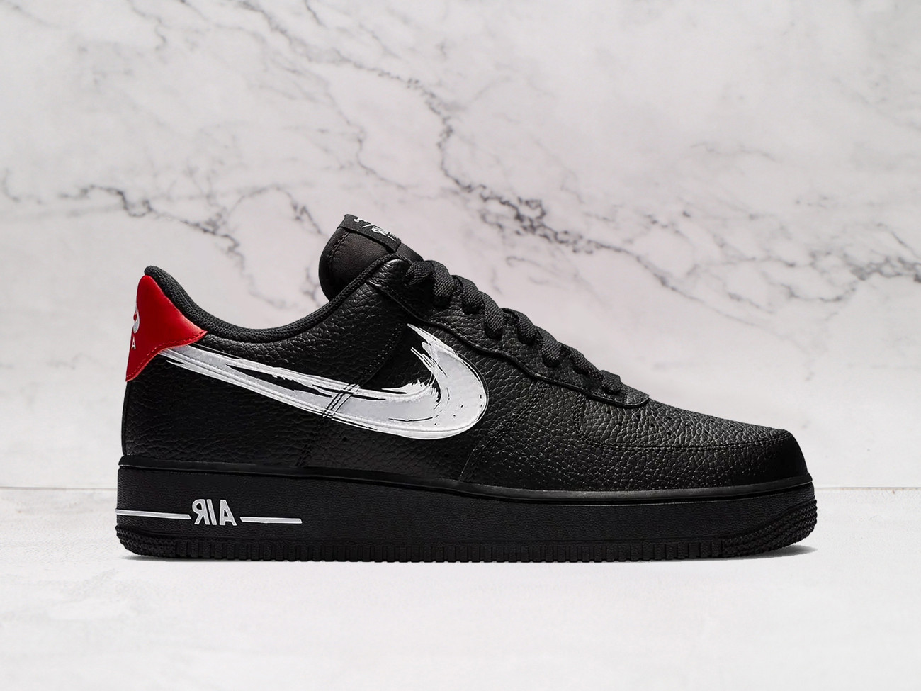 Nike Air Force 1 Low 'Brushstroke Black' – Black Leather Upper with White Brushstroke-Style Swoosh and Gym Red Accents