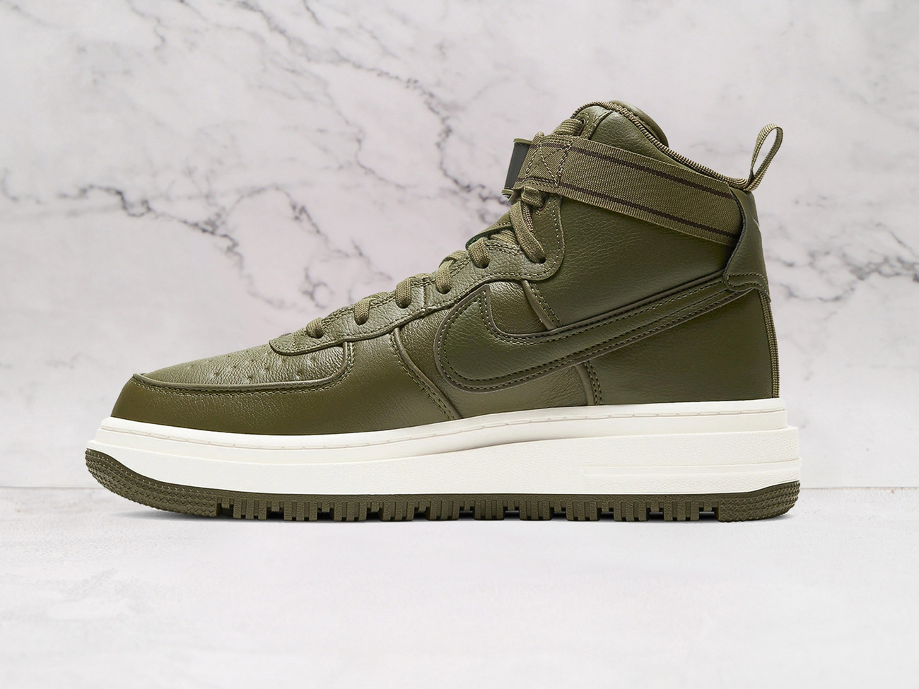 Olive Nike AF1 High medial view with Gore-Tex upper and waterproof zipper