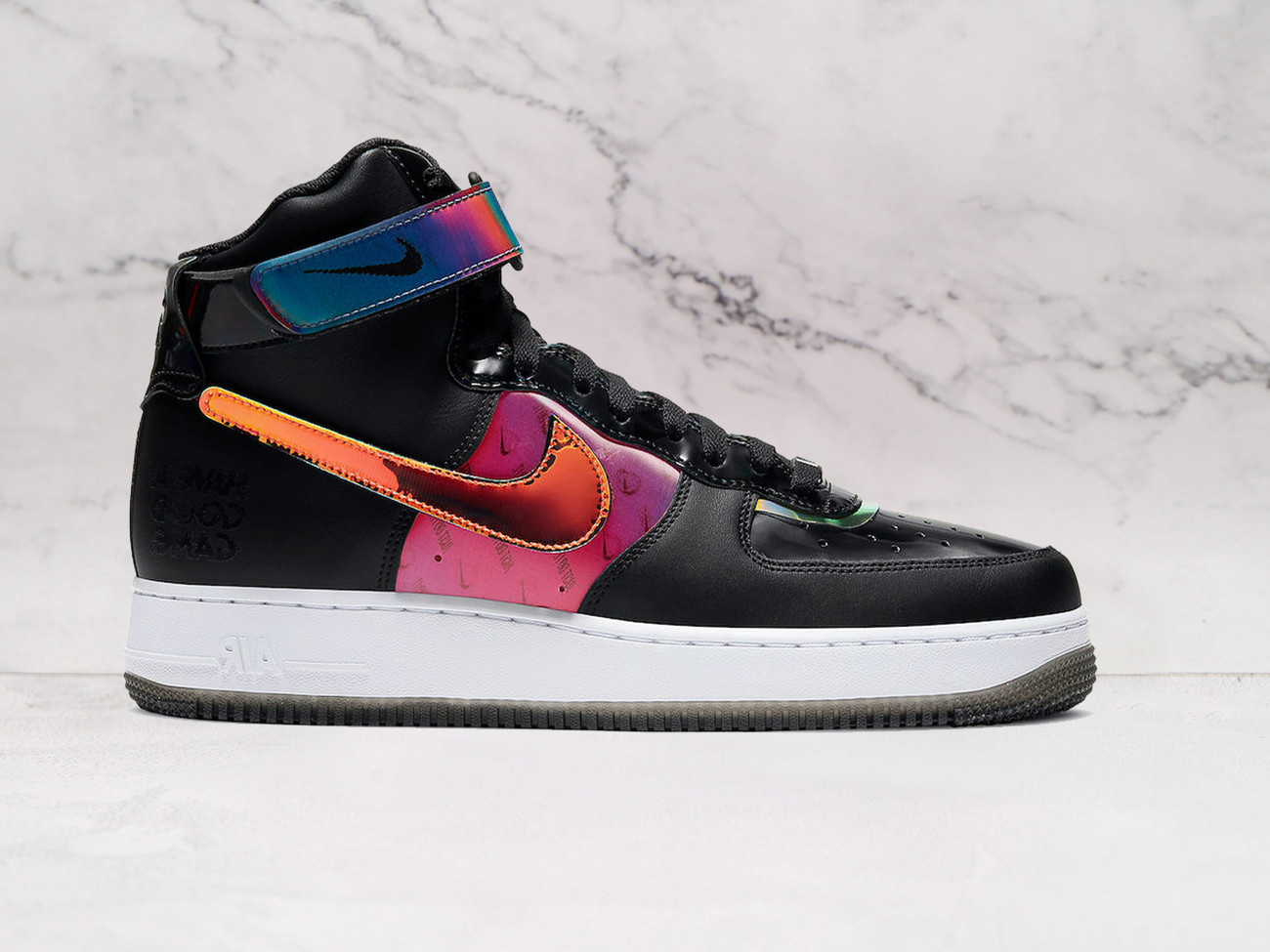 Nike Air Force 1 High Have A Good Game Black with iridescent Swoosh and strap