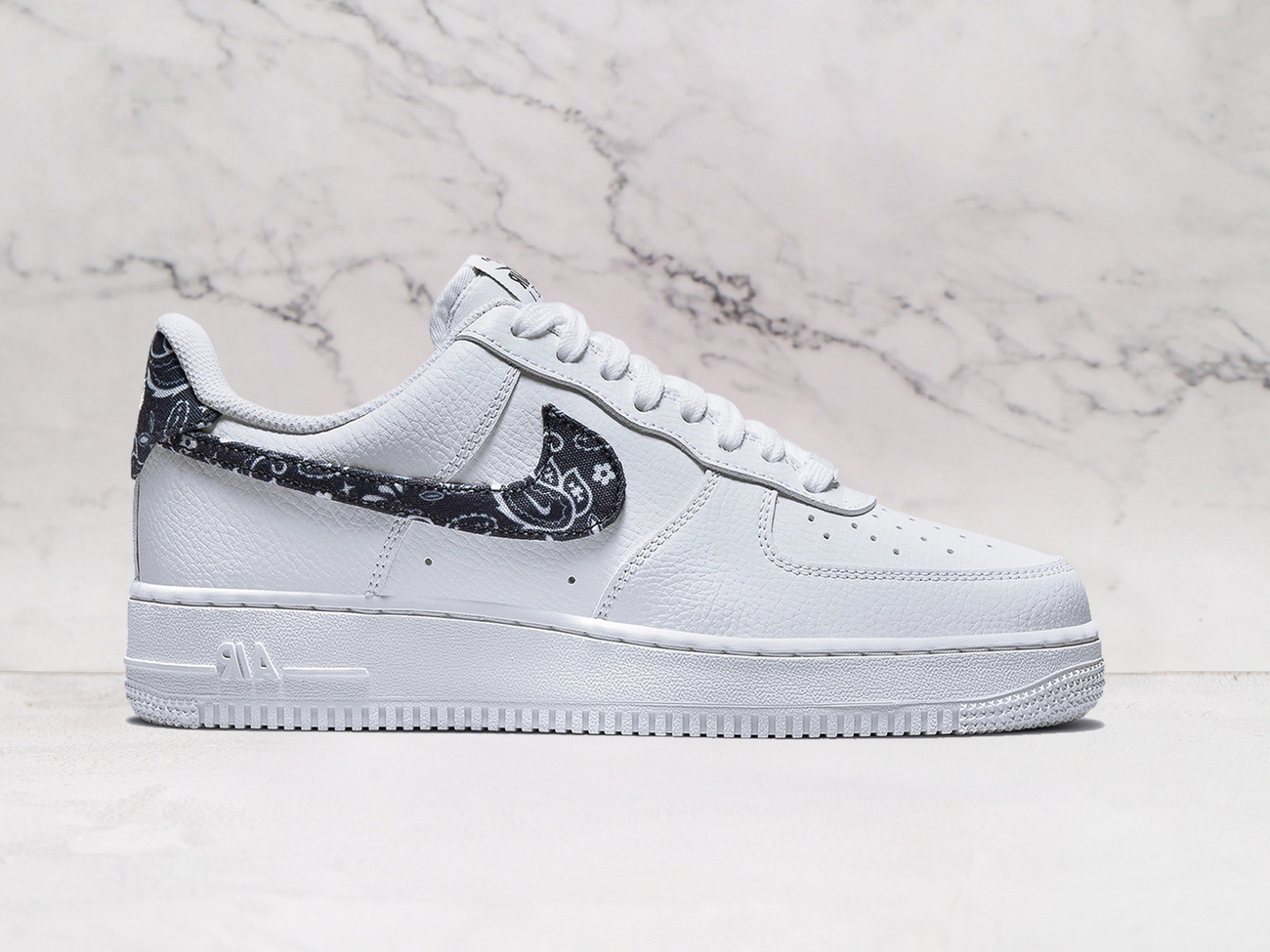 Nike Air Force 1 Low '07 Essential White Black Paisley – White Leather Upper with Black Paisley Swoosh