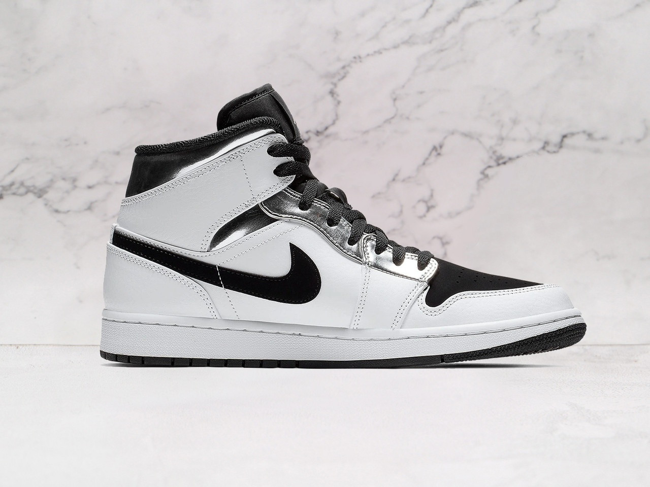 Air Jordan 1 Mid 'Alternate Think 16' – White Leather with Black Overlays and Silver Accents