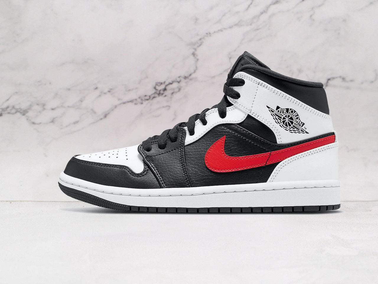 Air Jordan 1 Mid 'Black Chile Red White' – White Leather Base with Black Overlays and Red Swoosh