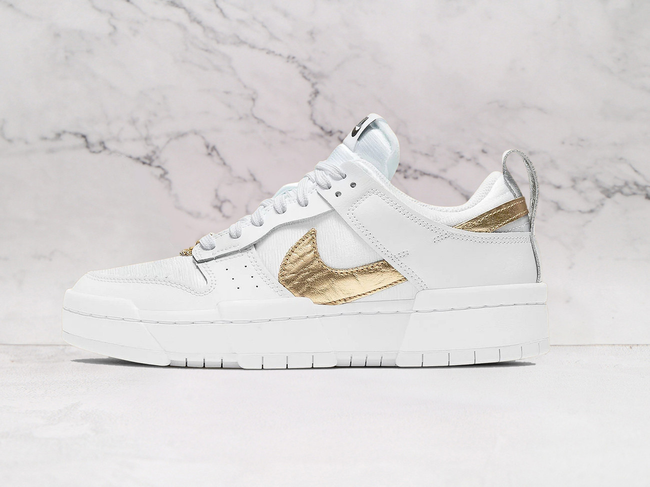 Nike Dunk Low Disrupt 'White Metallic Gold' – White Leather Upper with Metallic Gold Swoosh and Astrology-Inspired Details