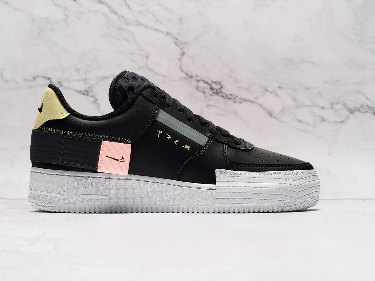 Nike Air Force 1 Type 'Black' – Black Leather Upper with Transparent Overlays, Exposed Stitching, and Adjustable Velcro Heel Strap